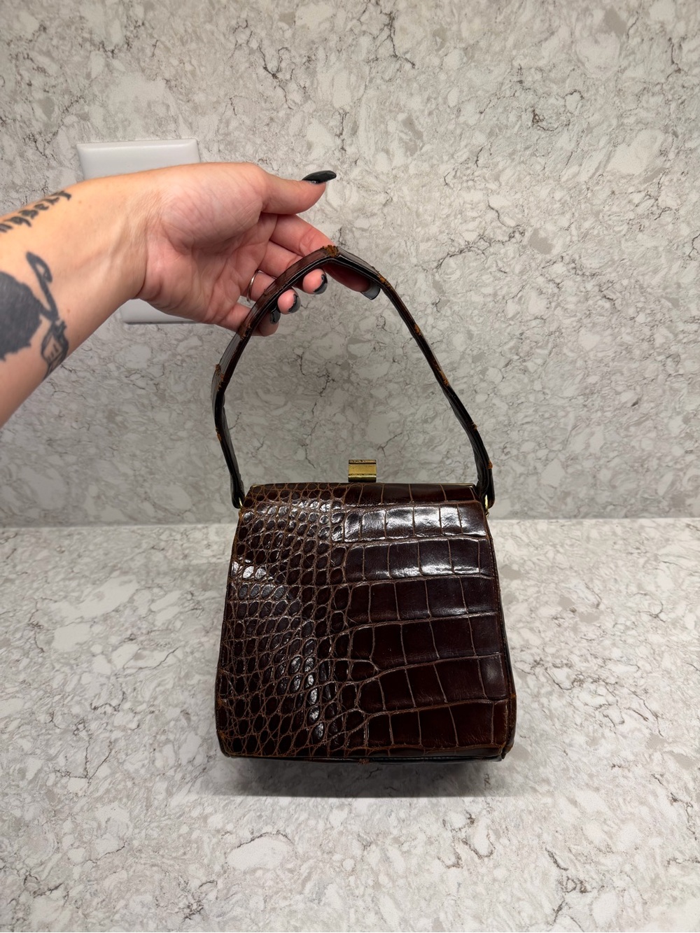 Classic Croc-Print Top Handle Bag in Dark Brown